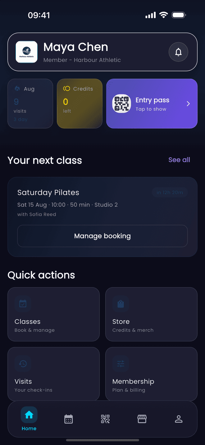 The Gymcierge member app home screen, showing the next class, credits and entry pass