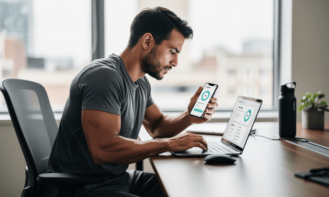 Personal trainer comparing coaching apps across a laptop and smartphone.