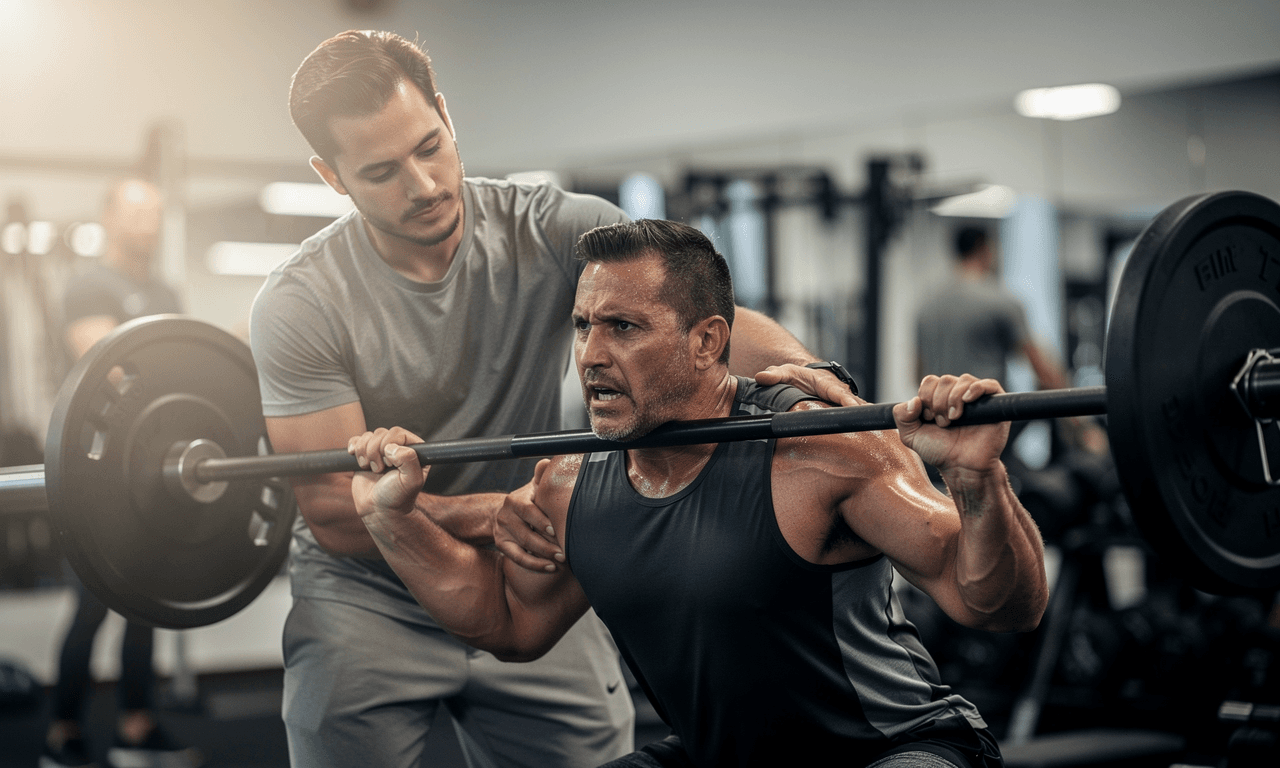 Coach correcting a lifter during a gym exercise.