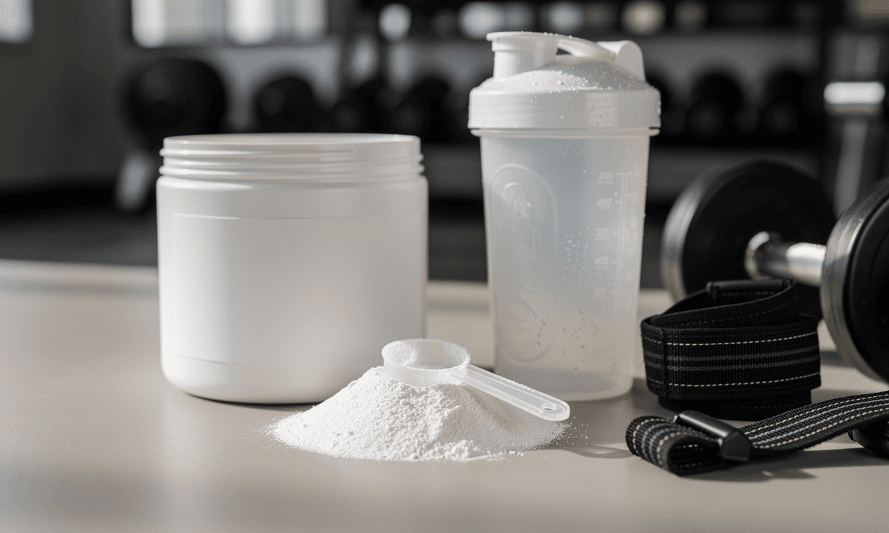 Creatine supplement setup with shaker bottle and training accessories.