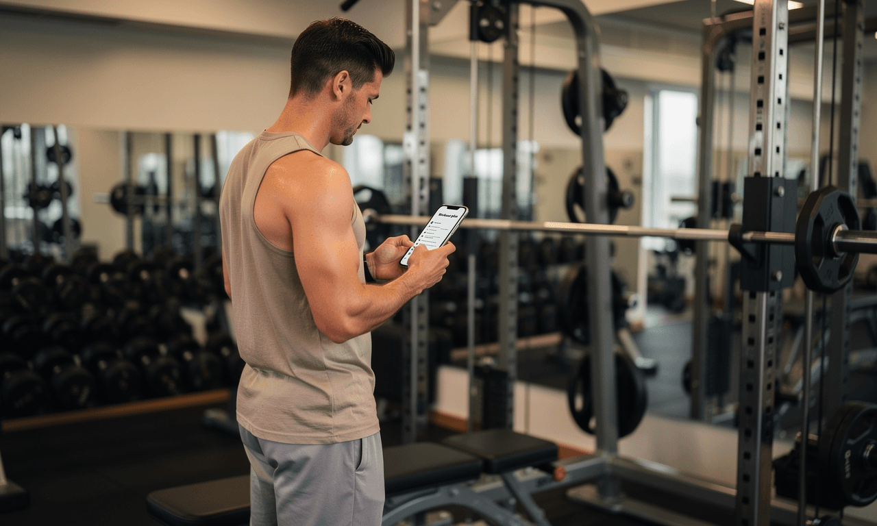 Gym beginner checking a workout plan on a phone beside a squat rack.