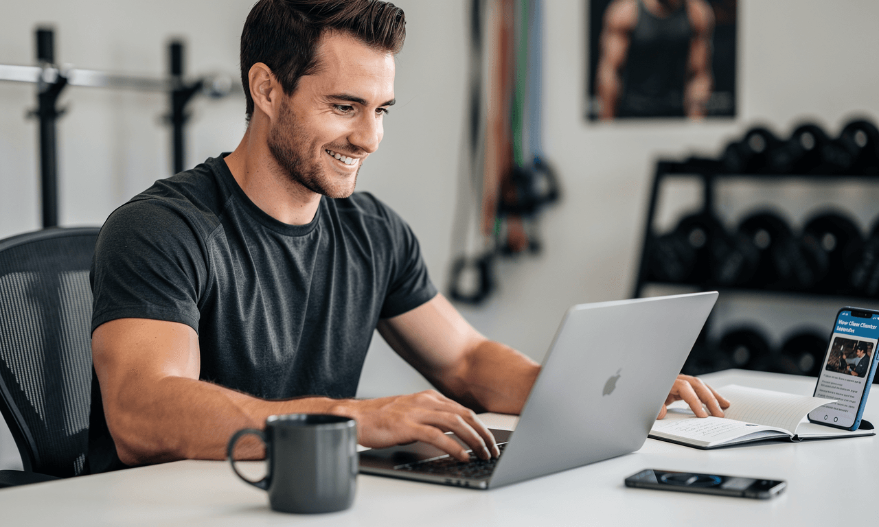 Personal trainer reviewing new client inquiries on a laptop.