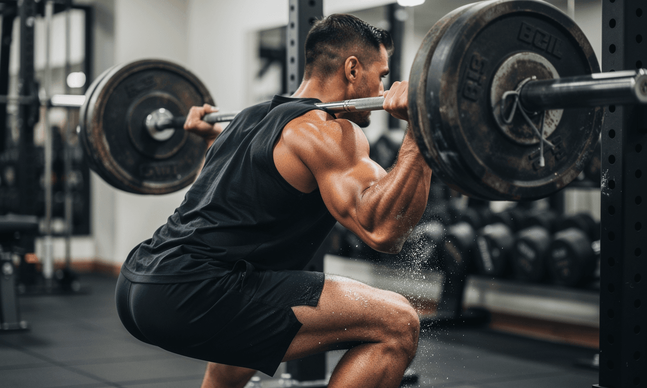 Athlete performing a deep back squat in a rack.
