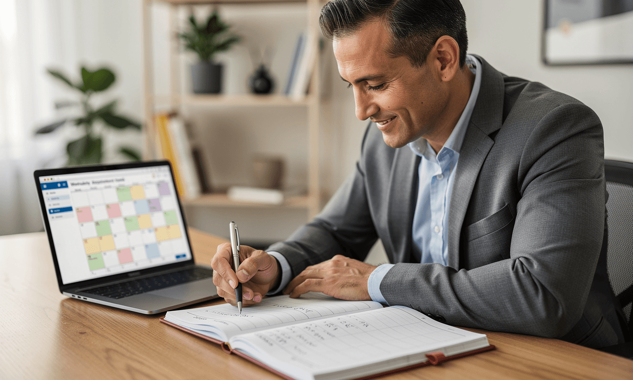 Coach organising a weekly appointment calendar on a laptop and planner.