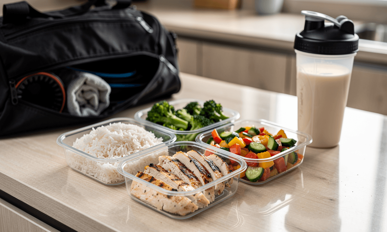 High-protein meal prep with gym gear nearby.