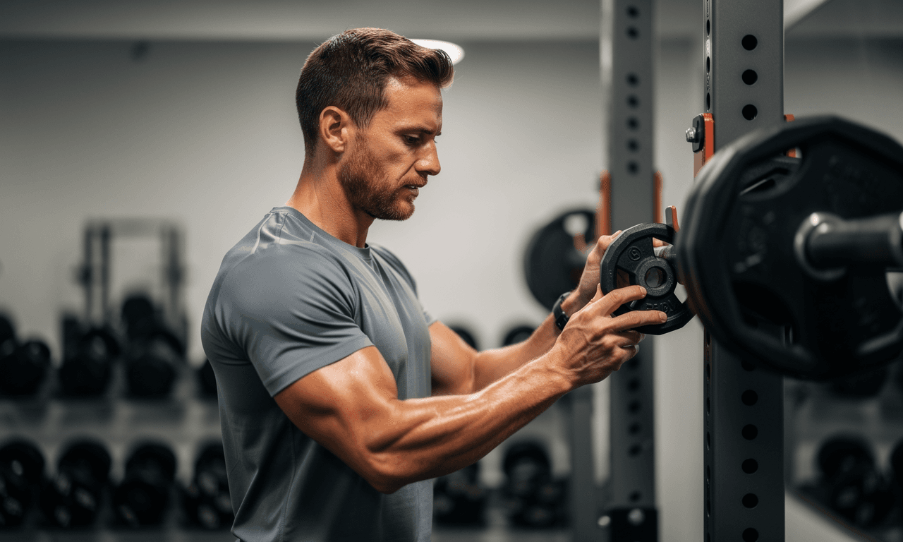 Athlete adding a weight plate to a barbell in a gym.