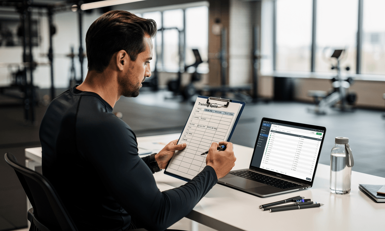 Coach planning a weekly training split on a clipboard and laptop.